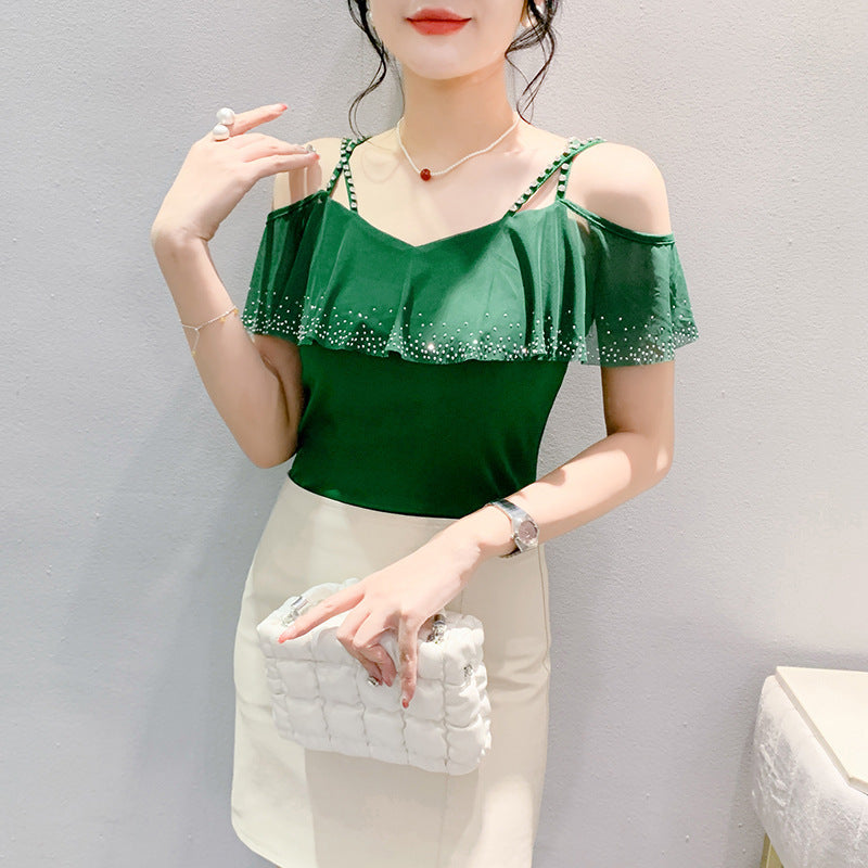 Mesh Hot Drilling V-neck Patchwork Top