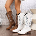 Embroidered Western Cowboy Pointed Toe Chunky Heel Knight Boots