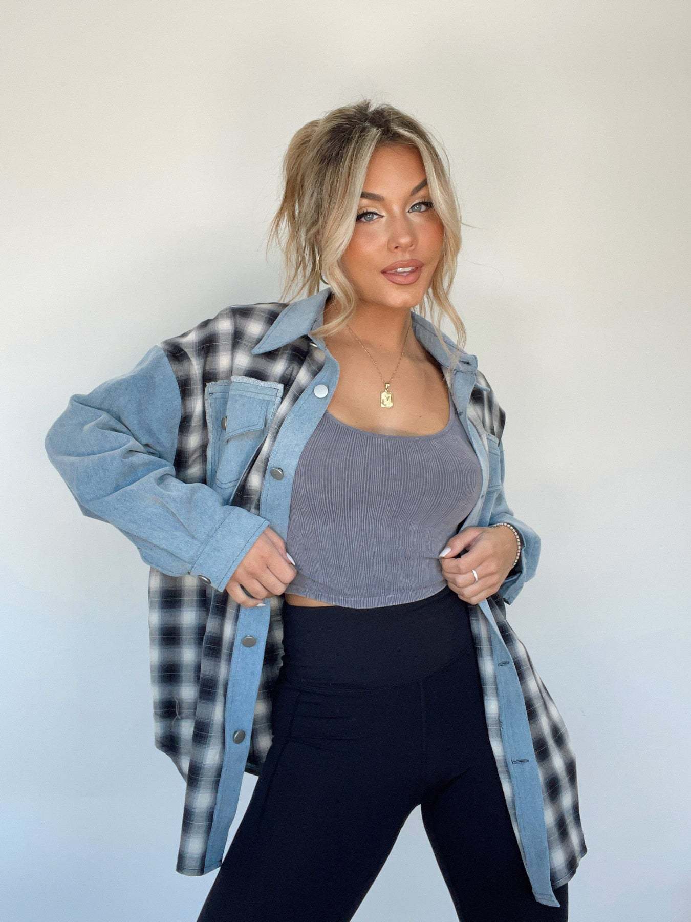 Loose Women's Denim Stitching Plaid Coat Top