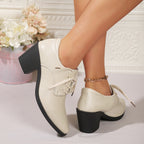 Pointed British Style High Heel Chunky Heel Front Lace-up Low-top Leather Shoes