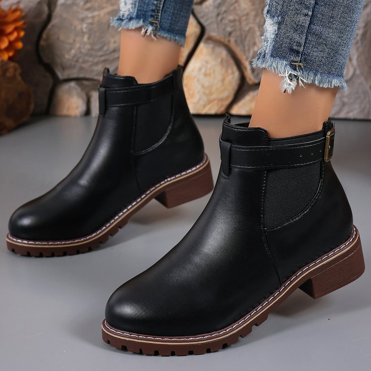 Belt Buckle Decoration Round Head Ankle Boots