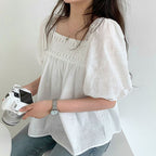 Niche Elegant Square Collar Hollow Crocheted Loose All-match See-through Puff Sleeve Shirt