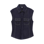 European And American Style Fashion String Decoration Lapel Sleeveless Denim Shirt