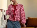 Summer Women's Plaid Loose Bow Long Sleeve Shirt