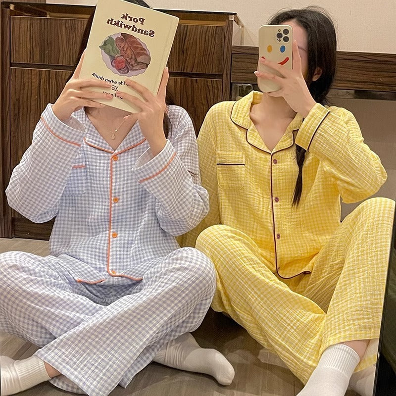 Yellow Plaid Long Sleeve Couple Simple Homewear Suit