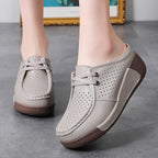 New Plus Size Hollow-out Soft Bottom Wedge Women's Genuine Leather Platform Slippers Summer Outerwear