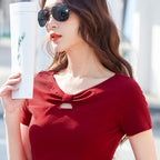 Women's Korean-style Slim-fit Cotton Short-sleeved Hollow-out Chest Bow