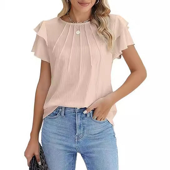 Summer Pleated Short Sleeve Round Neck Top Business Work Shirt