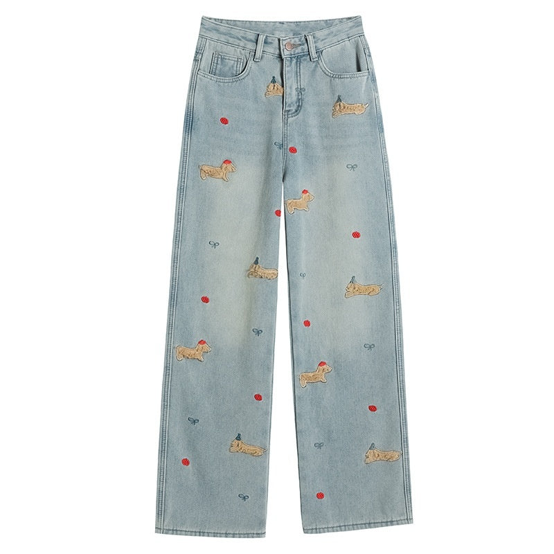 Cartoon Puppy Embroidered High Waist Straight Jeans
