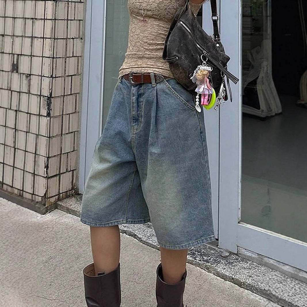 Retro Pleated Wide Leg Straight Denim Shorts Without Belt