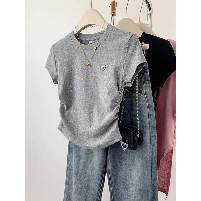 Short Sleeve T-shirt Female Gray Love Embroidery