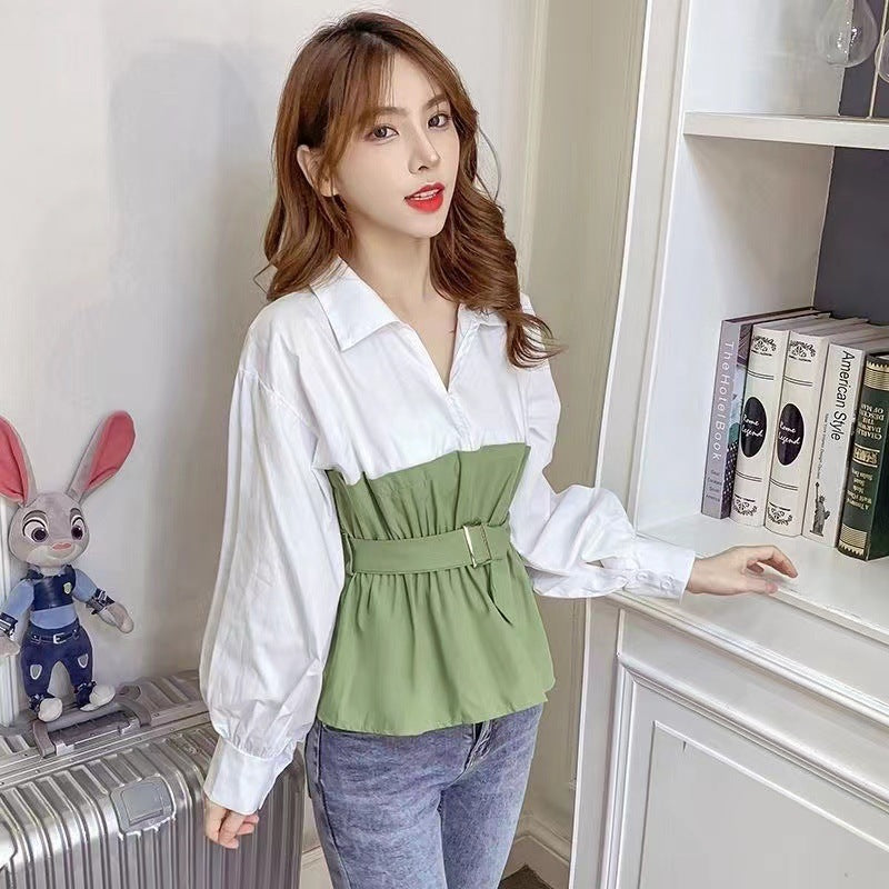 Long Sleeve Cinched Patchwork False Two-piece Suit Shirt