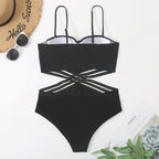 Women's Solid Color European And American Lace Up One-piece Bikini