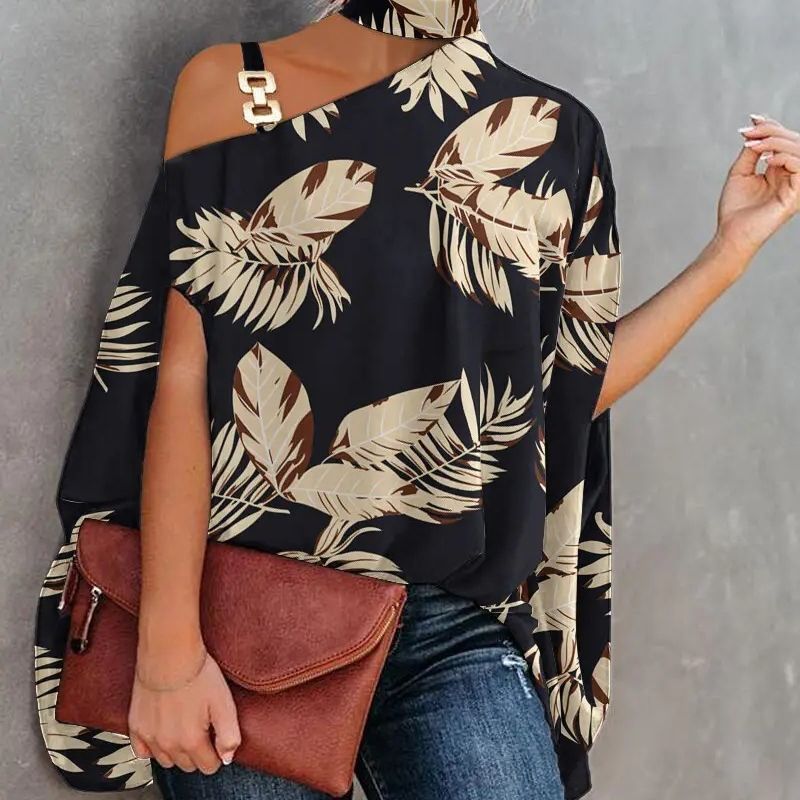 Wear Halter Shawl Printed Elegant Short Sleeve Bat Shirt